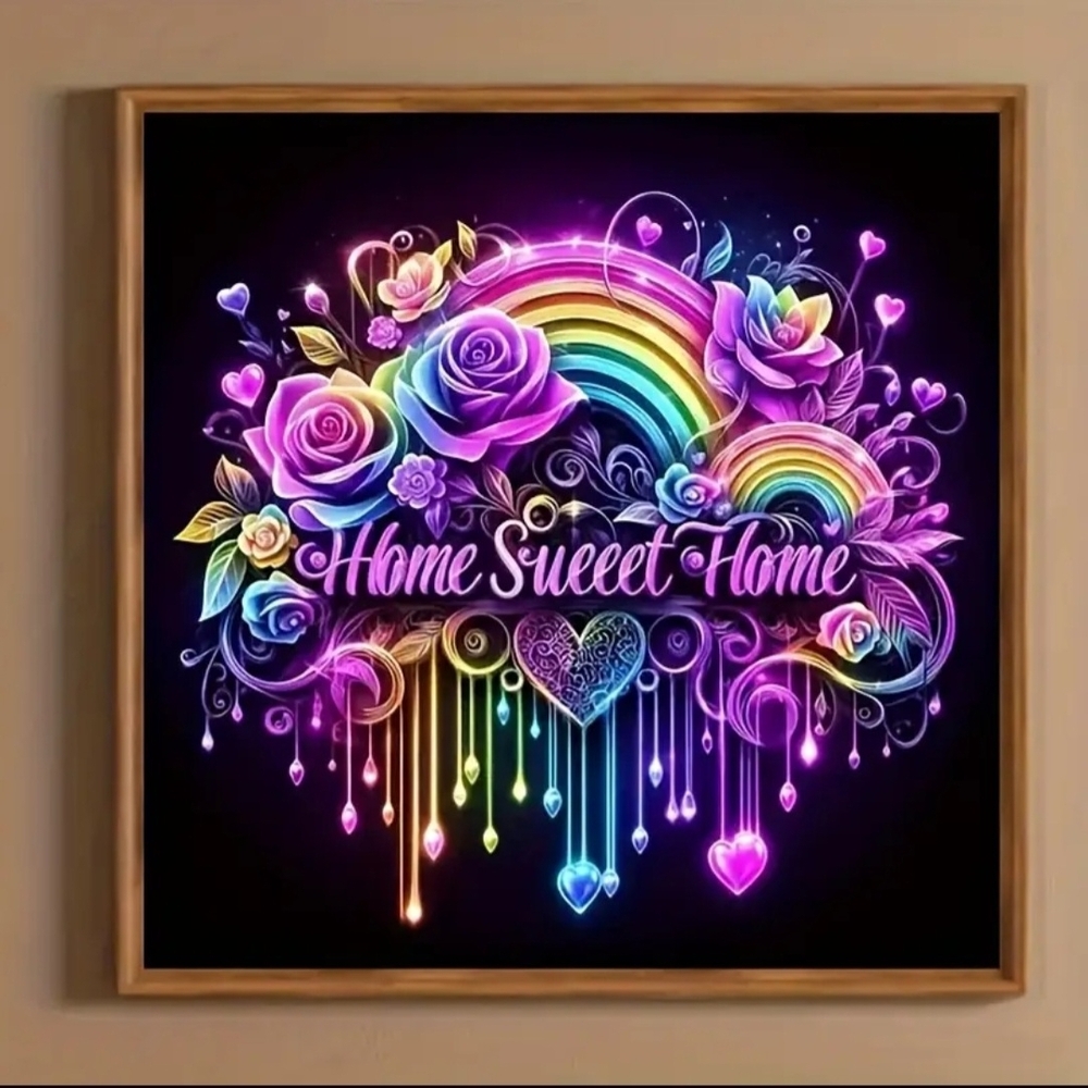 11.8x11.8 Home Sweet Home DIY Diamond Art Kit. Vibrant Floral & Rainbow